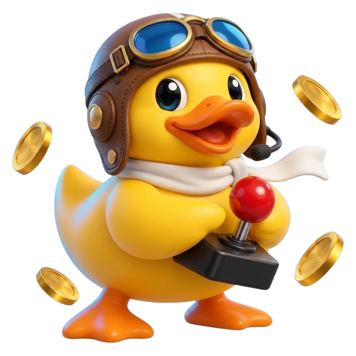 The PrizePilot duck with a gaming headset and joystick