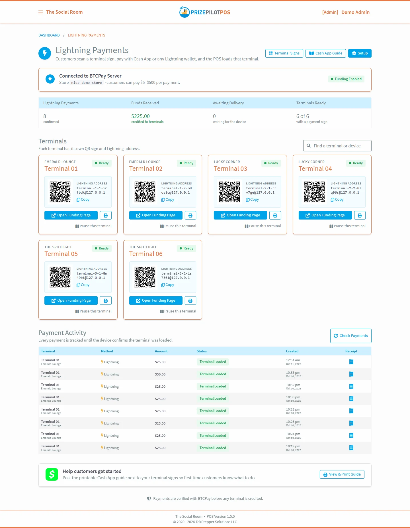 Lightning Payments dashboard in PrizePilot POS showing terminals, QR codes and payment activity