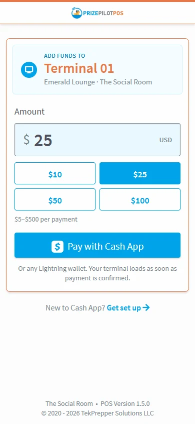 Phone funding page showing amount buttons