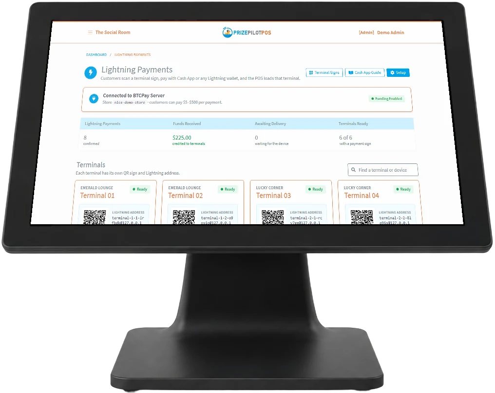 PrizePilot POS Lightning Payments screen on a countertop touchscreen